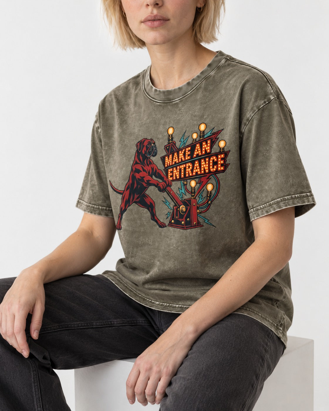 Boxer Make an Entrance Washed Tee in Army Green, worn by a seated model