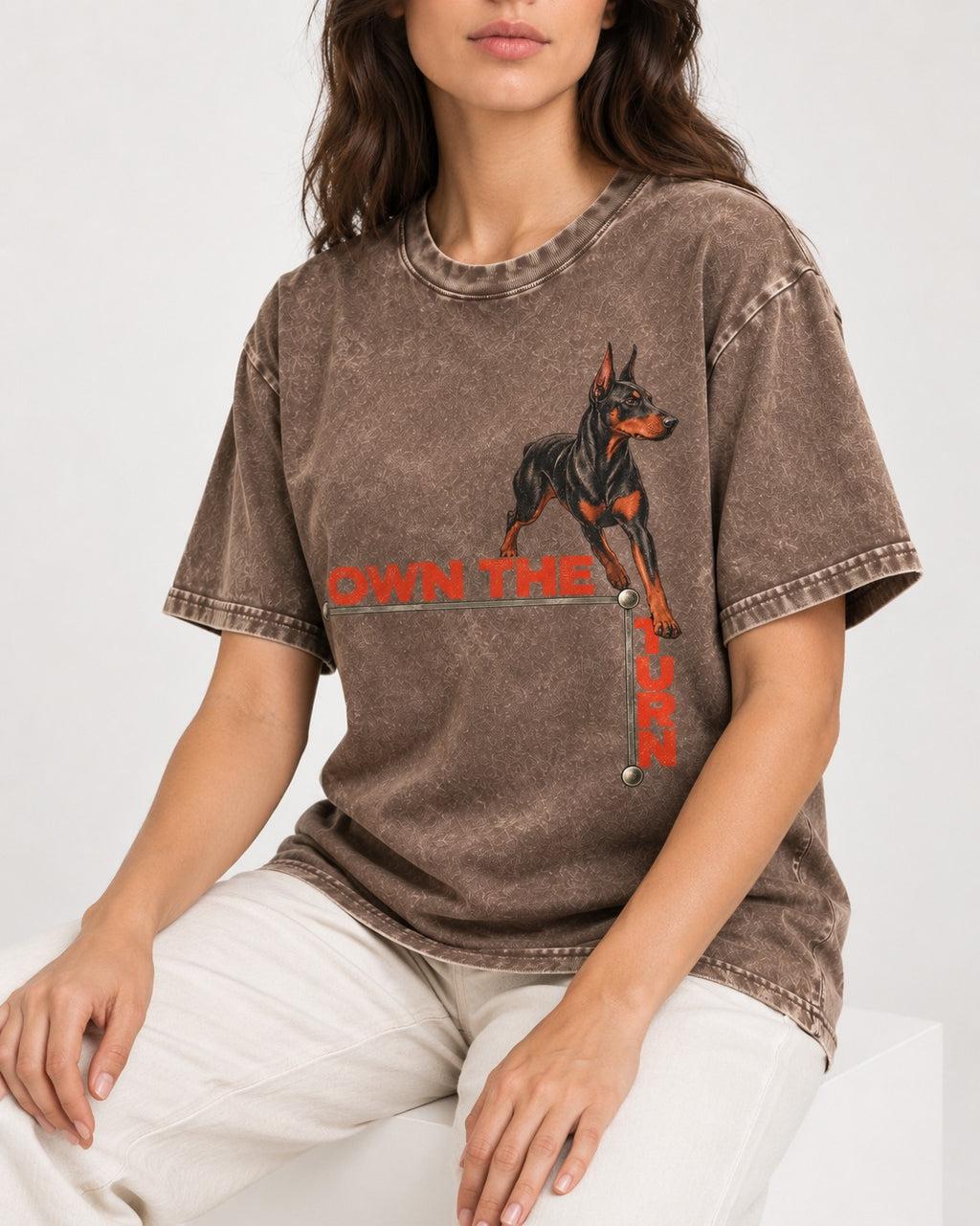 Own the Turn Doberman Washed Tee in Coffee, worn by a seated model