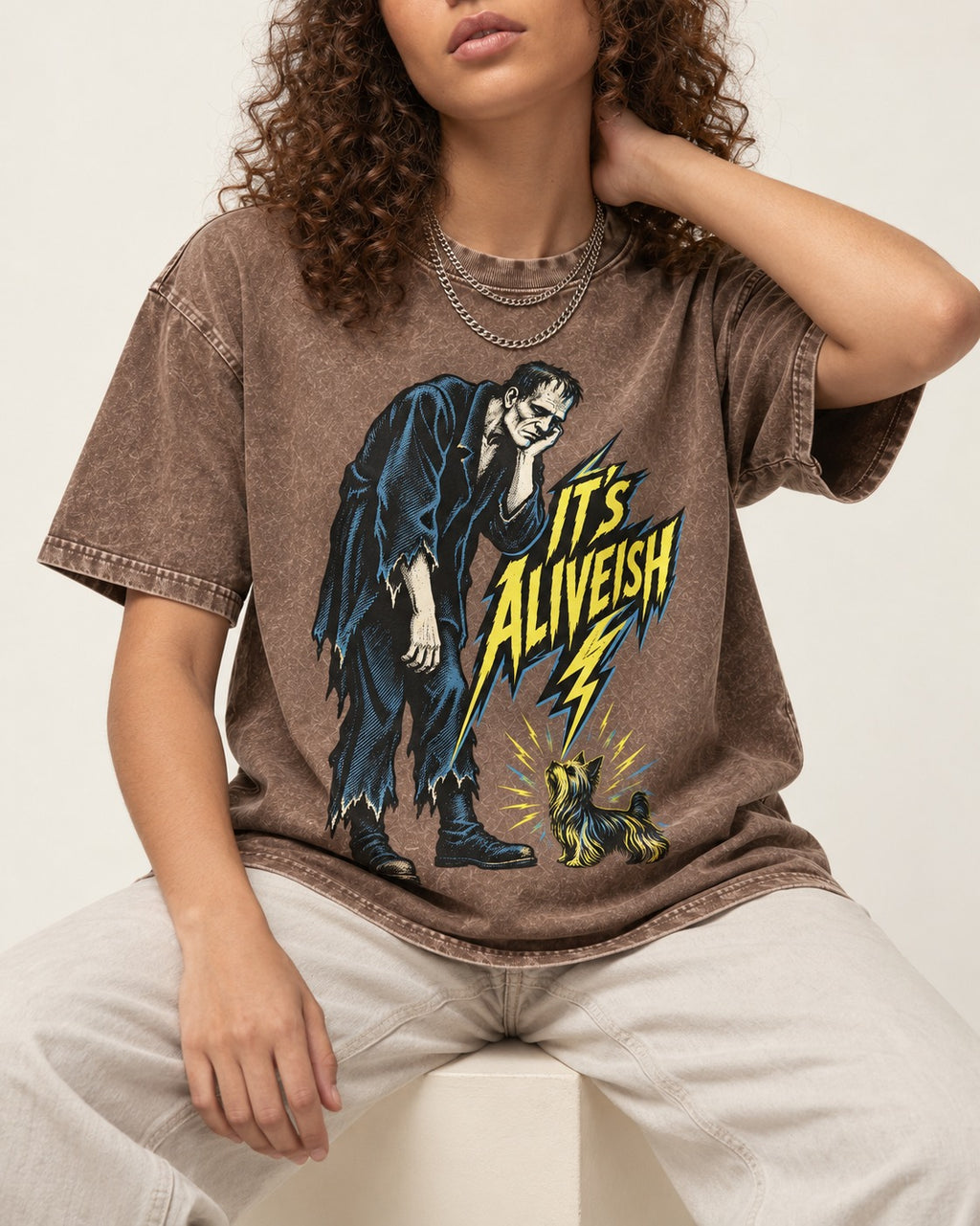 It's Aliveish Yorkshire Terrier Washed Tee in Coffee, worn by a seated model