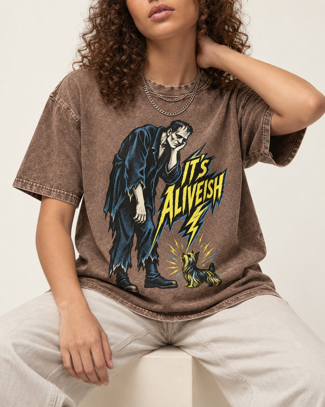 It's Aliveish Yorkshire Terrier Washed Tee in Coffee, worn by a seated model
