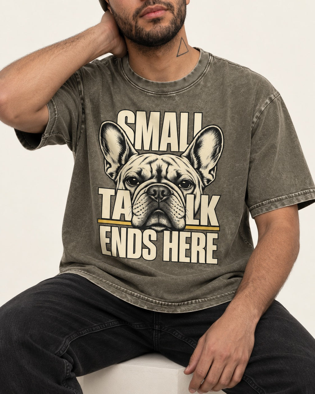 Frenchie Small Talk Ends Here Portrait Graphic Washed Tee in Army Green, worn by a seated model