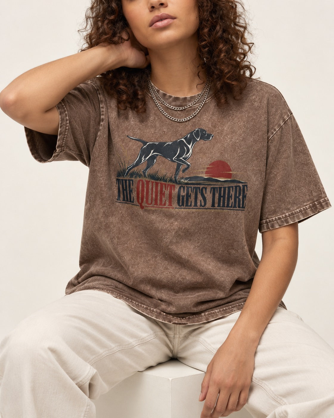 The Quiet Gets There German Shorthaired Pointer Washed Tee in Coffee, worn by a seated model