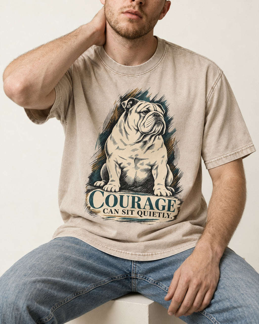 English Bulldog Courage Can Sit Quietly Washed Tee in Apricot, worn by a seated model