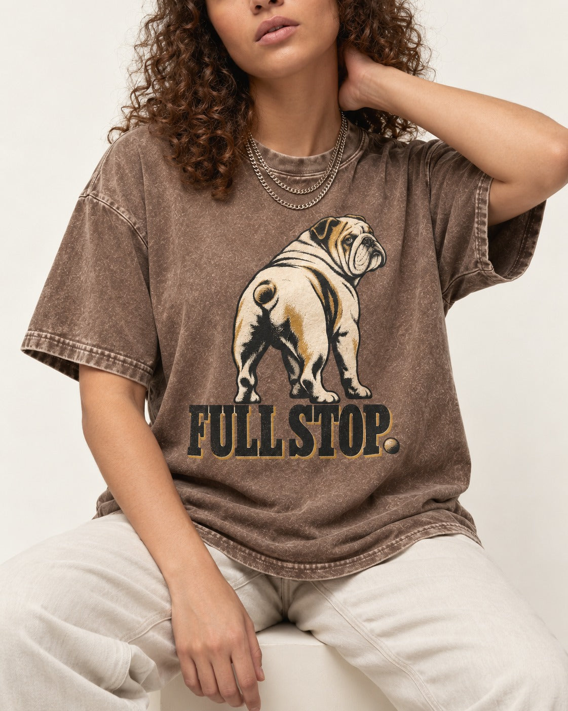 English Bulldog Full Stop Washed Tee in Coffee, worn by a seated model