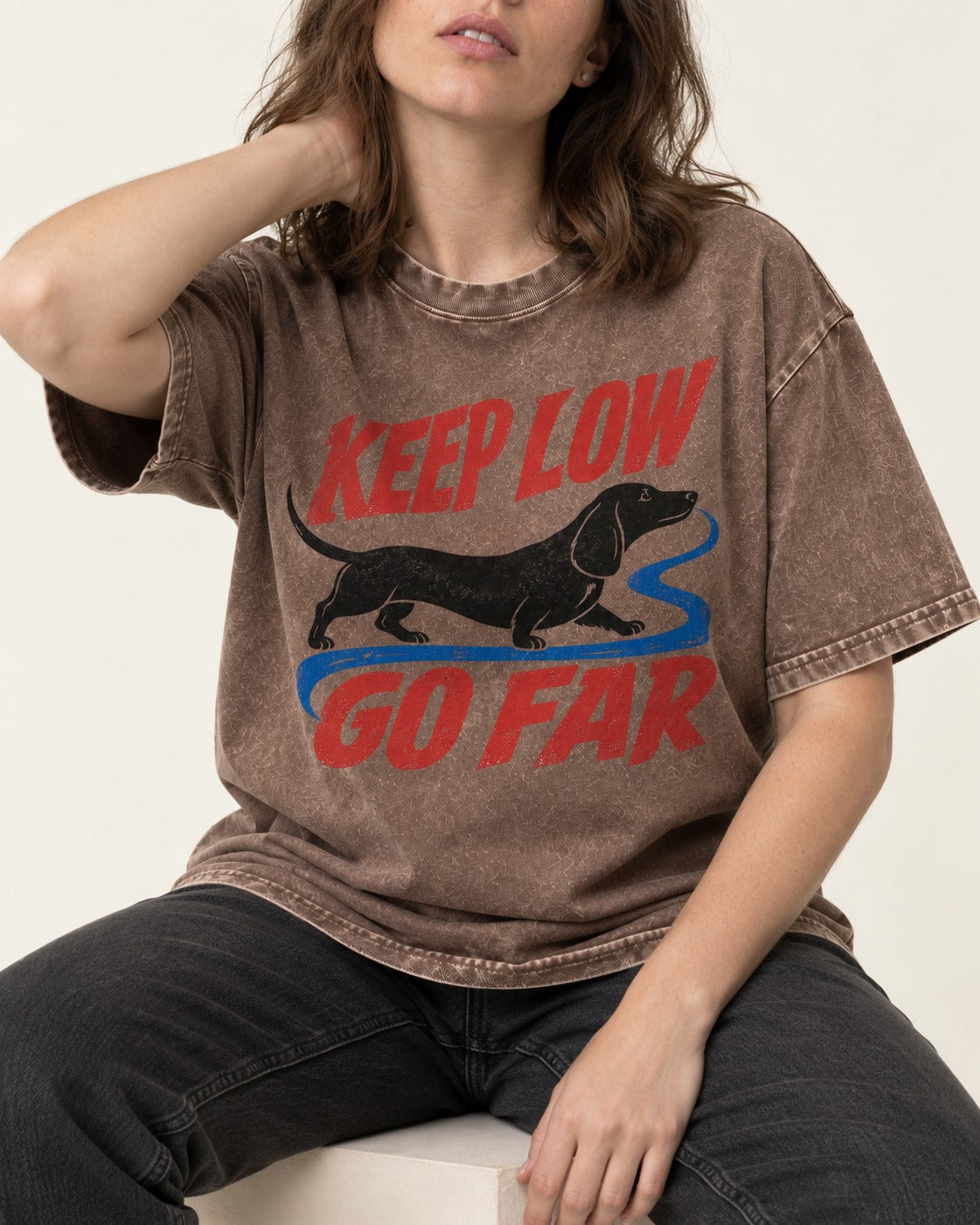 Keep Low Go Far Dachshund Washed Tee in Coffee, worn by a seated model