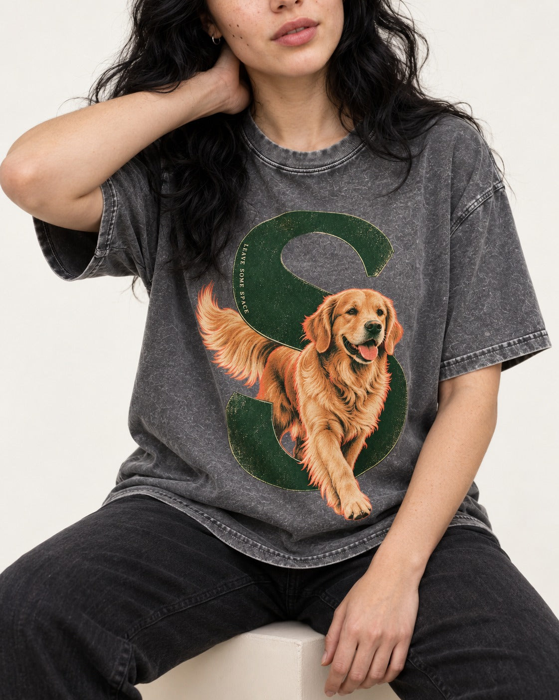Golden Retriever Leave Some Space Monogram Graphic Washed Tee in Gray, worn by a seated model
