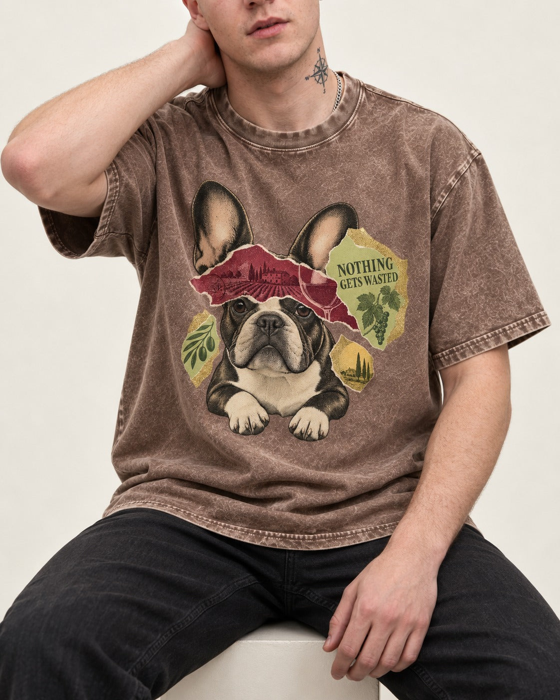 Nothing Gets Wasted with Frenchie Washed Tee in Coffee, worn by a seated model