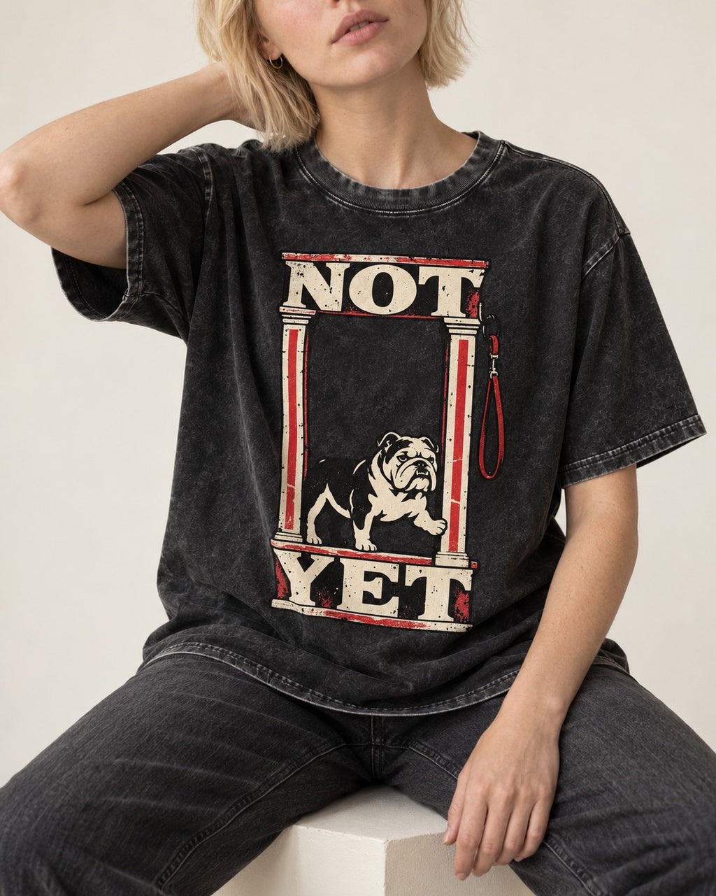 English Bulldog Not Yet Doorway Graphic Washed Tee in Black, worn by a seated model