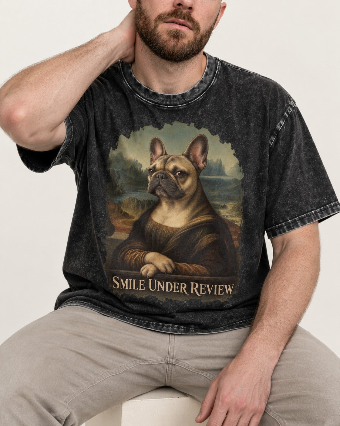Frenchie Smile Under Review Renaissance Portrait Washed Tee in Black, worn by a seated model