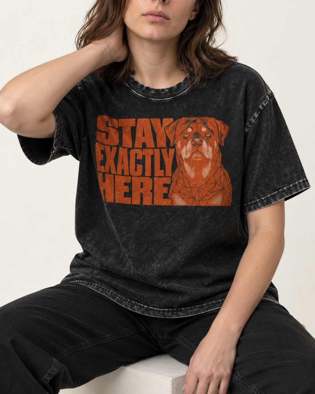 Rottweiler Stay Exactly Here Block Portrait Graphic Washed Tee in Black, worn by a seated model