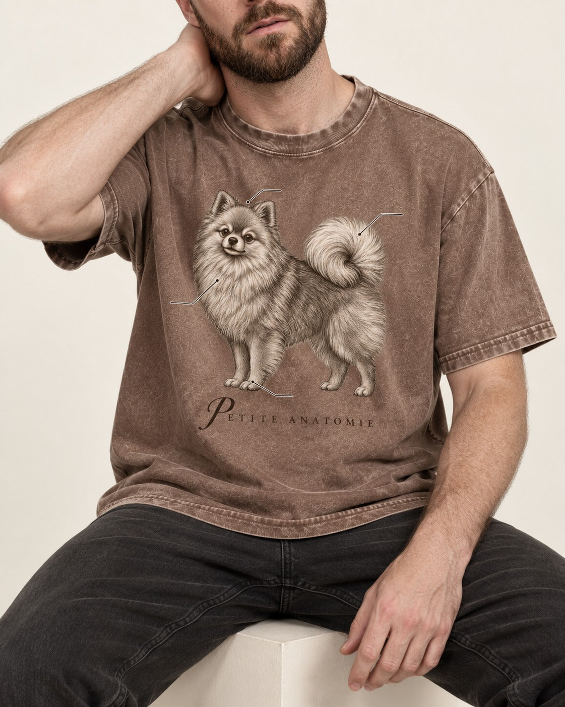 Pomeranian Petite Anatomie Washed Tee in Coffee, worn by a seated model