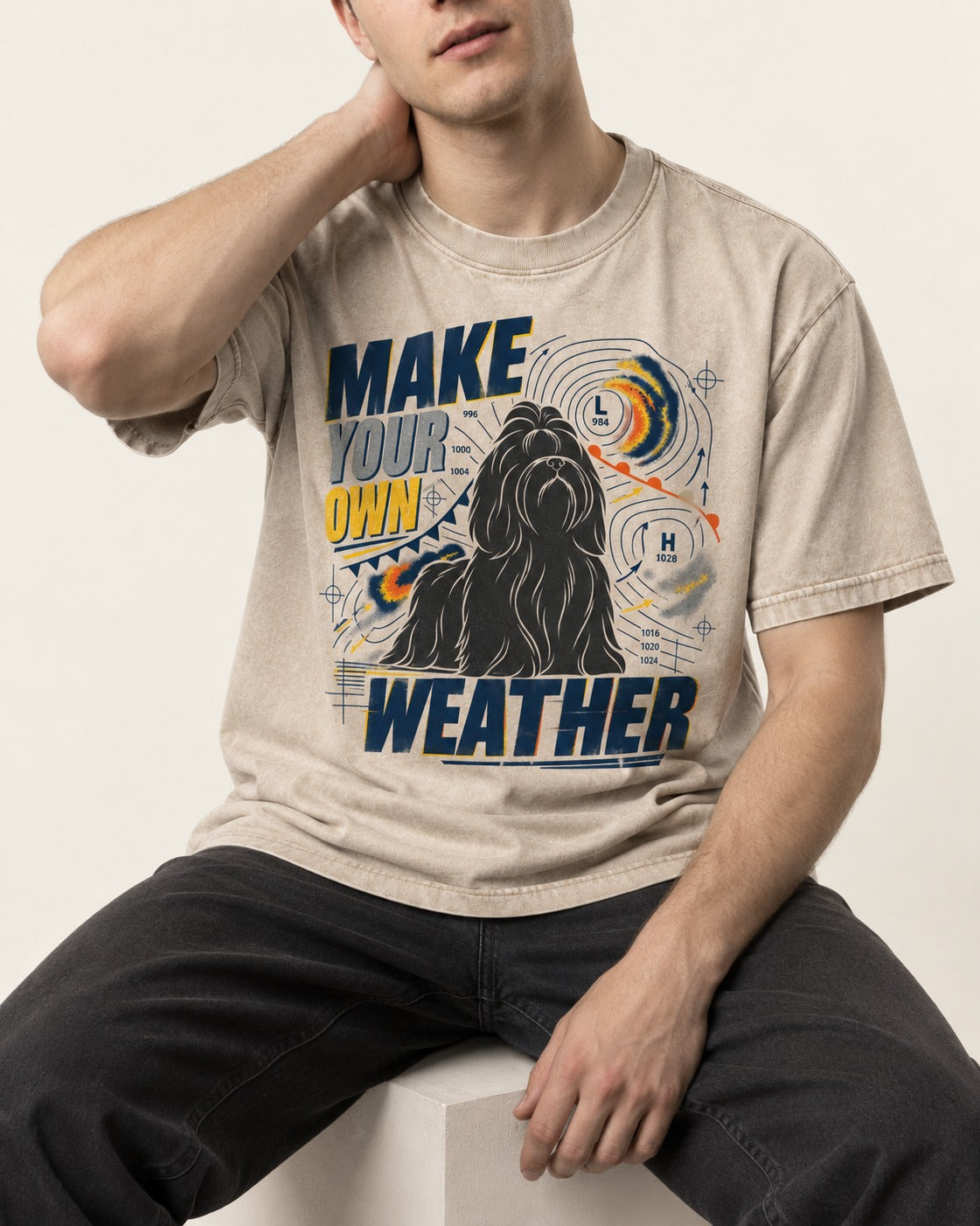 Shih Tzu Make Your Own Weather Washed Tee in Apricot, worn by a seated model