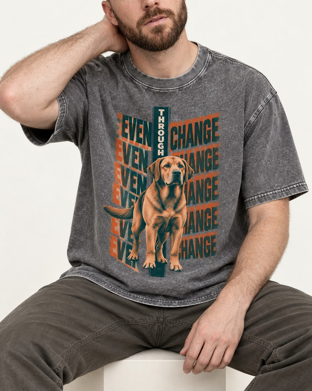 Labrador Retriever Even Through Change Repeated Poster Graphic Washed Tee in Gray, worn by a seated model