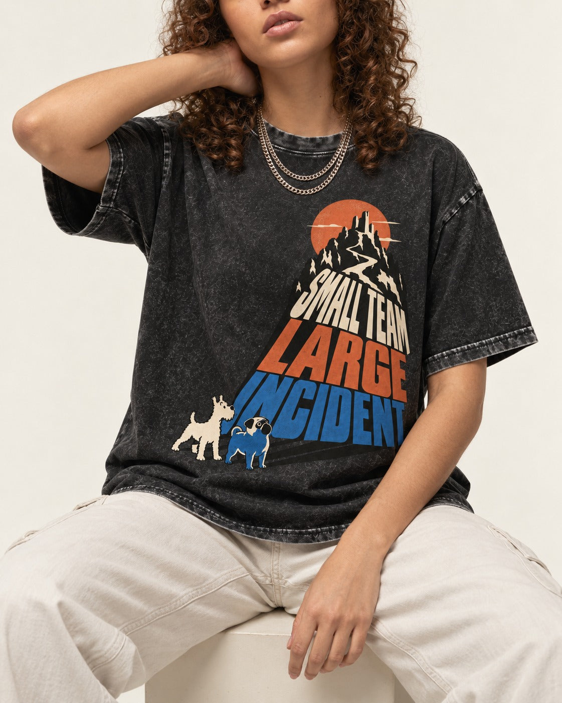 Pug Small Team Large Incident Mountain Graphic Washed Tee in Black, worn by a seated model