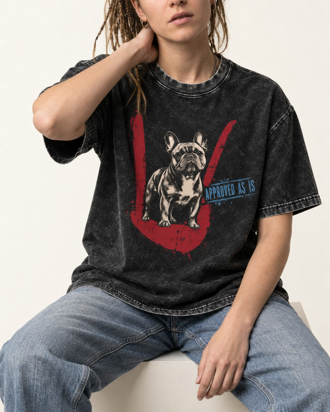 Frenchie Approved As Is Check Mark Graphic Washed Tee in Black, worn by a seated model
