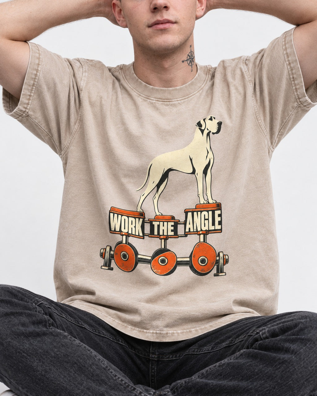 Great Dane Work the Angle Washed Tee in Apricot, worn by a seated model