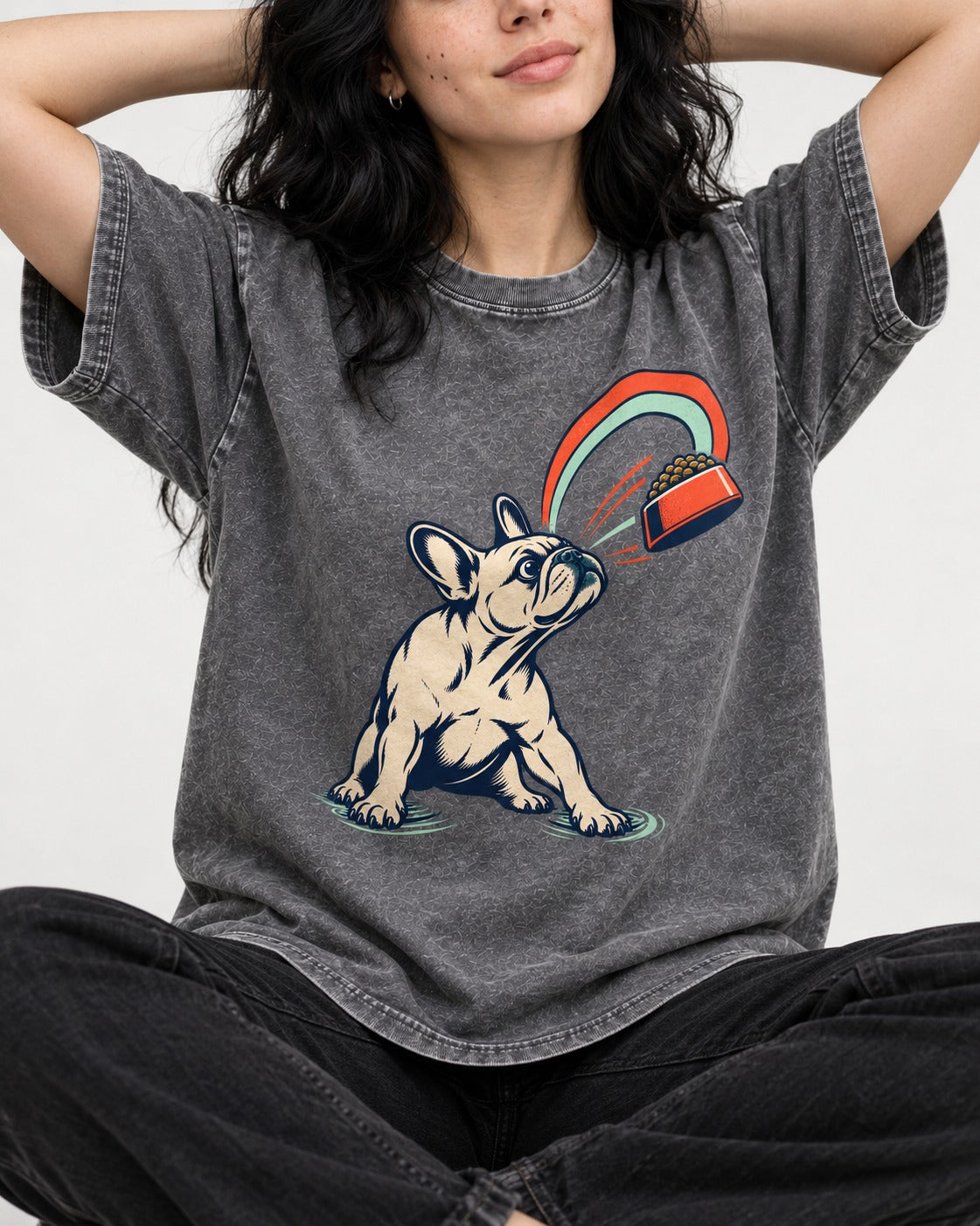 Frenchie Dinner Magnet Graphic Washed Tee in Gray, worn by a seated model