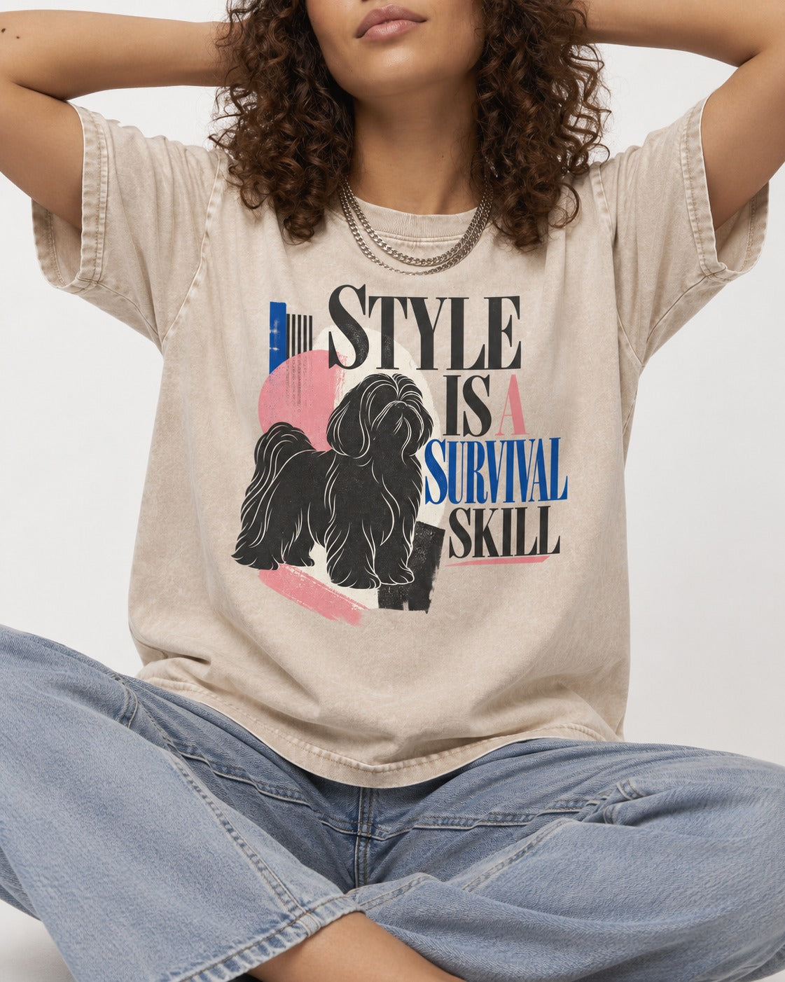 Shih Tzu Survival Skill Washed Tee in Apricot, worn by a seated model