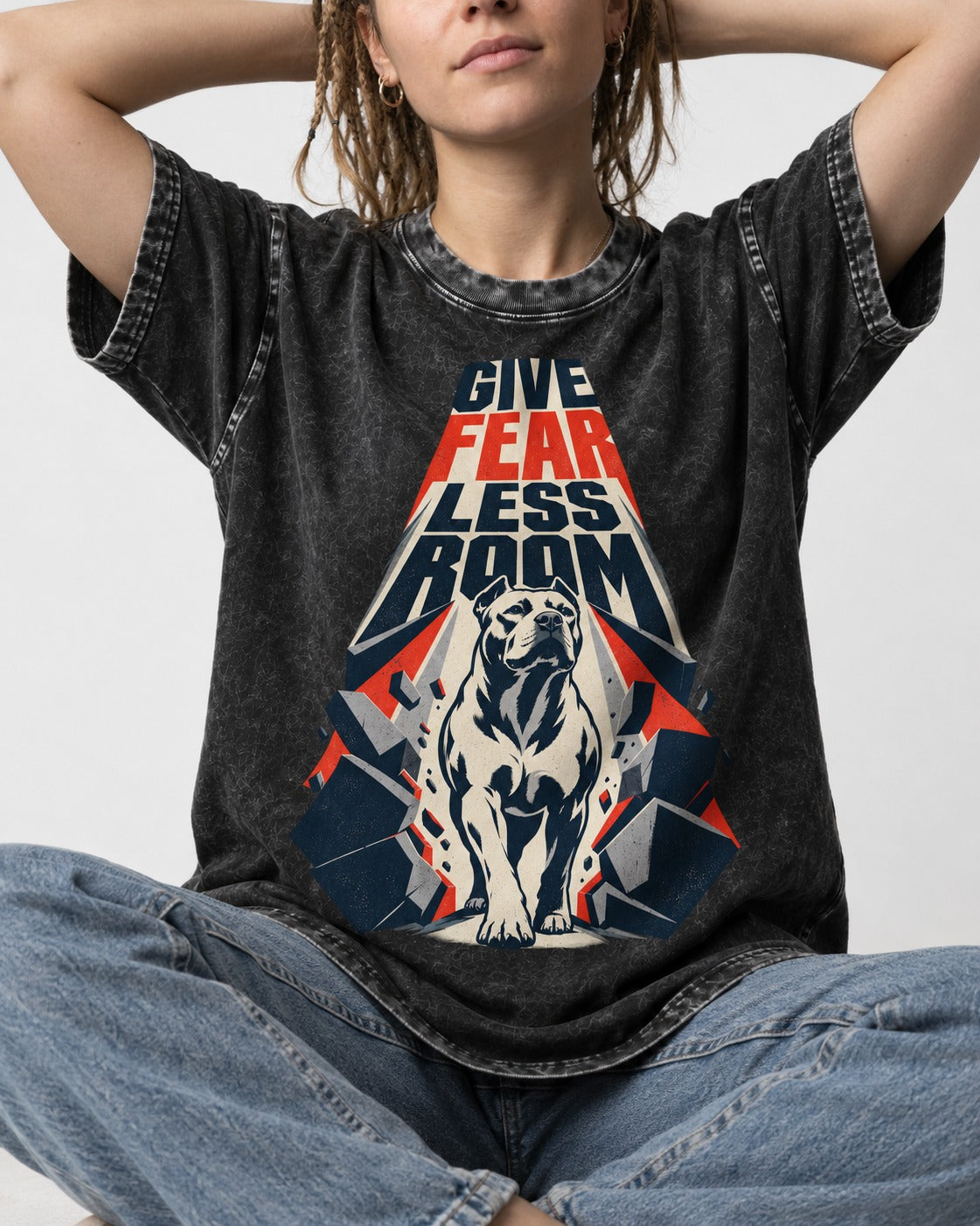 Pitbull Give Fear Less Room Breakthrough Graphic Washed Tee in Black, worn by a seated model