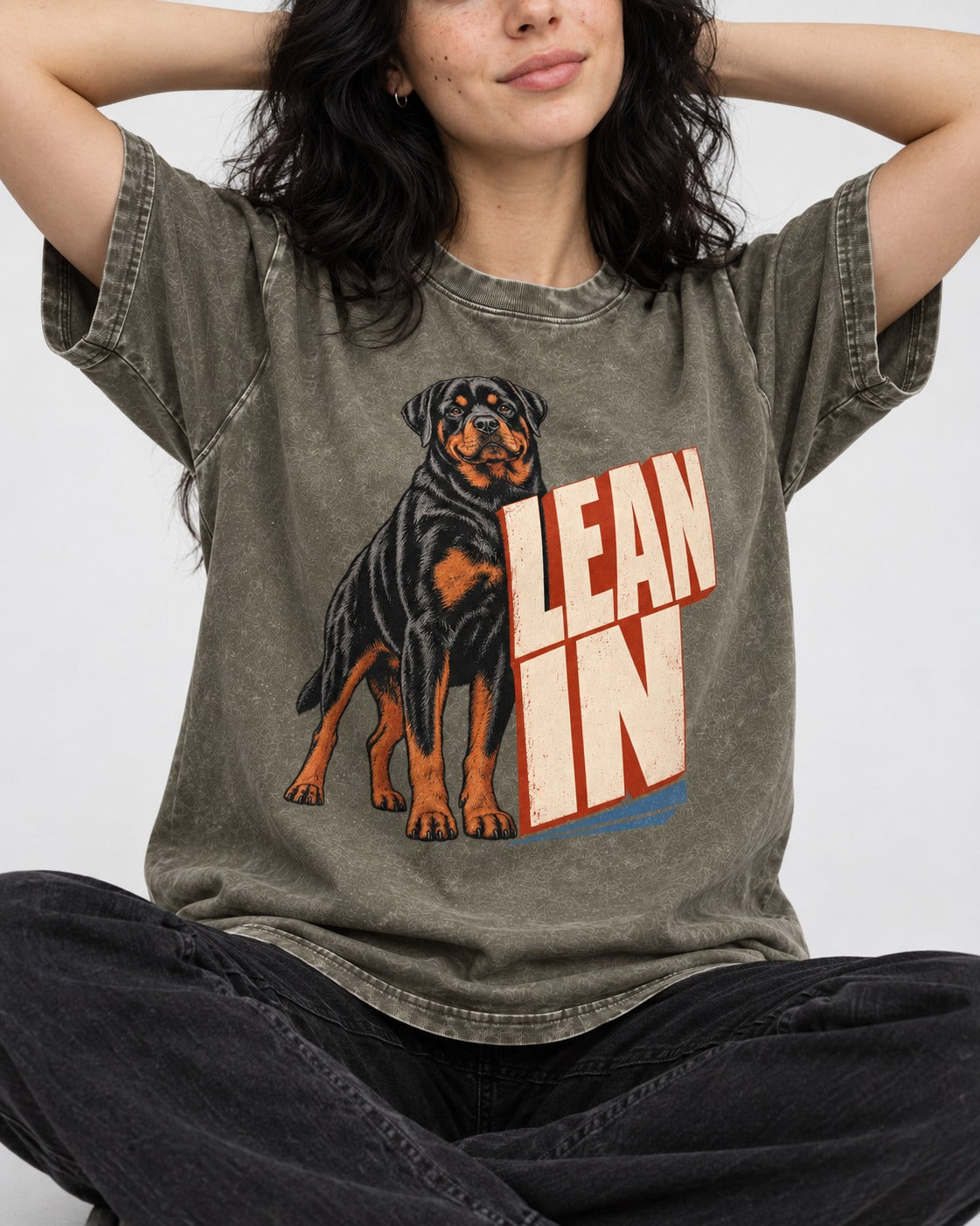 Rottweiler Lean In Block Typography Graphic Washed Tee in Army Green, worn by a seated model