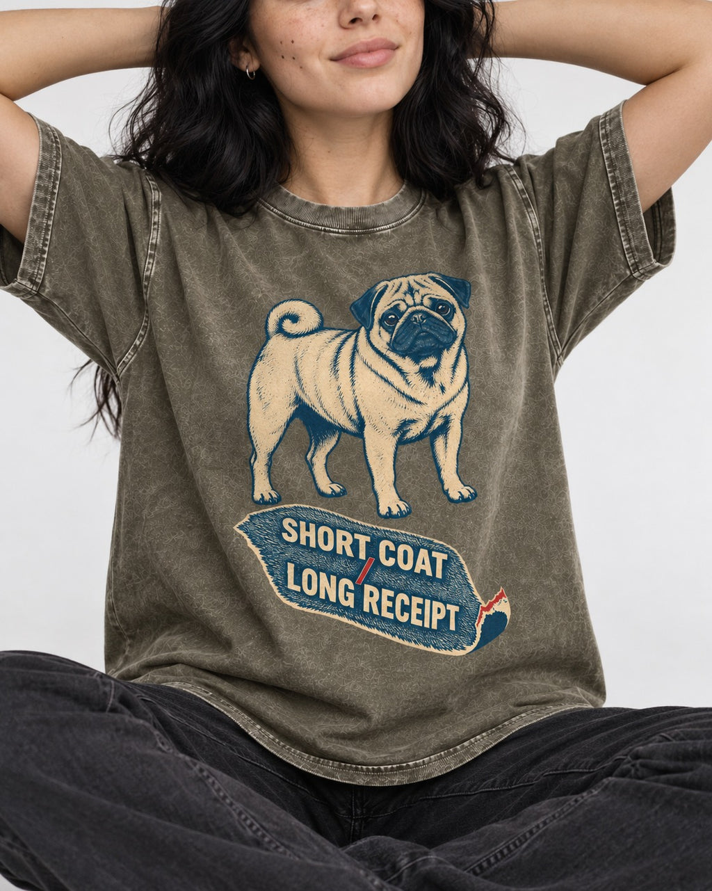 Pug Short Coat Long Receipt Graphic Washed Tee in Army Green, worn by a seated model