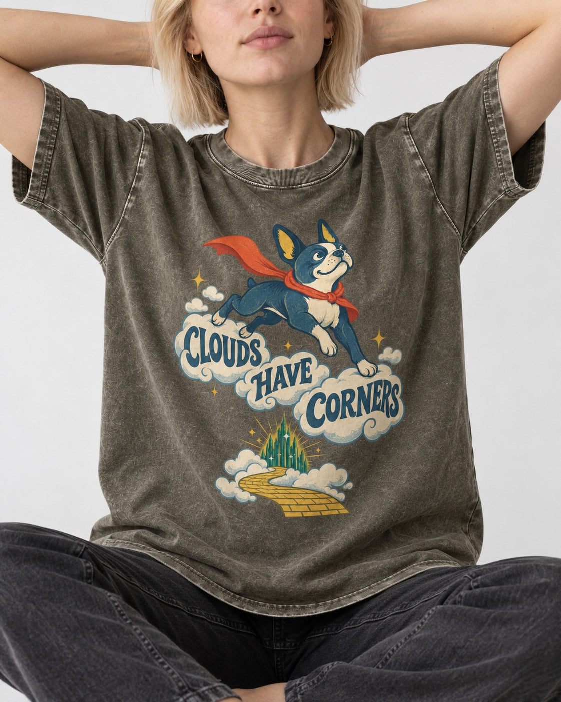 Clouds Have Corners Boston Terrier Washed Tee in Army Green, worn by a seated model