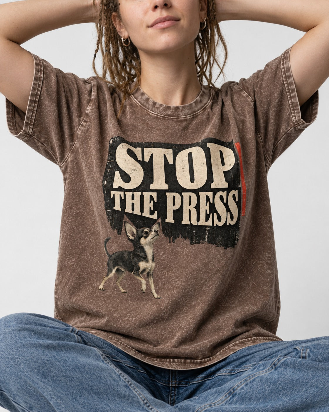 Stop the Press Chihuahua Washed Tee in Coffee, worn by a seated model