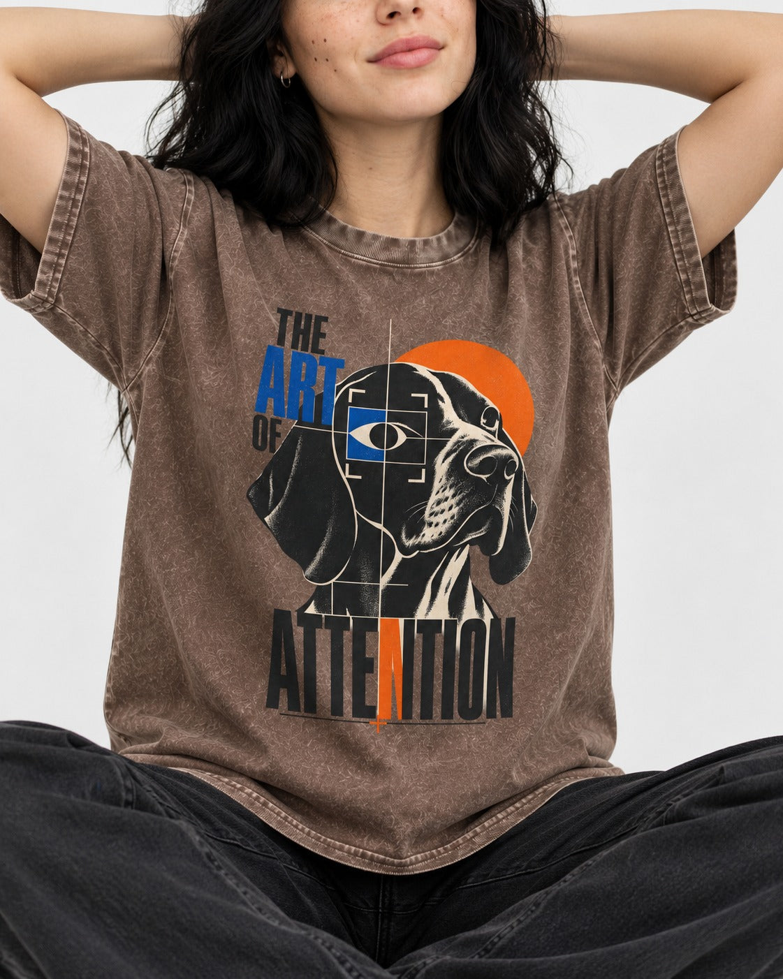 German Shorthaired Pointer Attention Washed Tee in Coffee, worn by a seated model