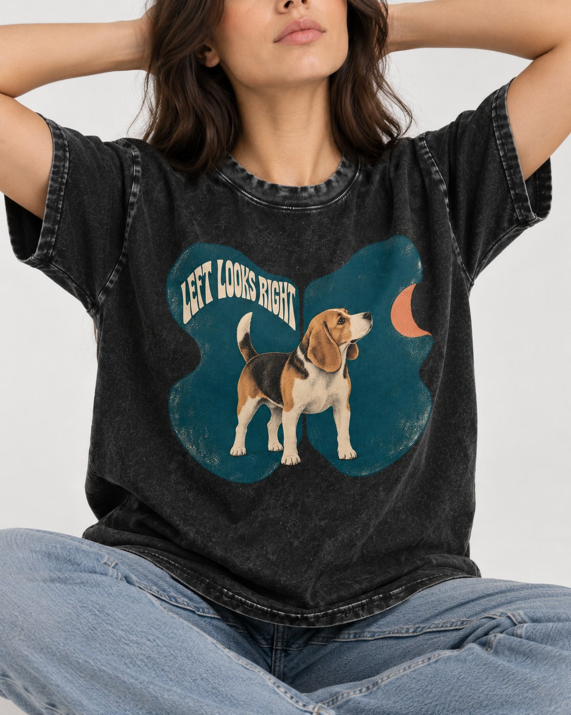 Left Looks Right Beagle Abstract Shapes Washed Tee in Black, worn by a seated model