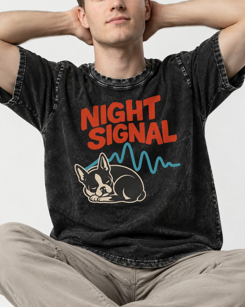 Boston Terrier Sleeping Night Signal Washed Tee in Black, worn by a seated model
