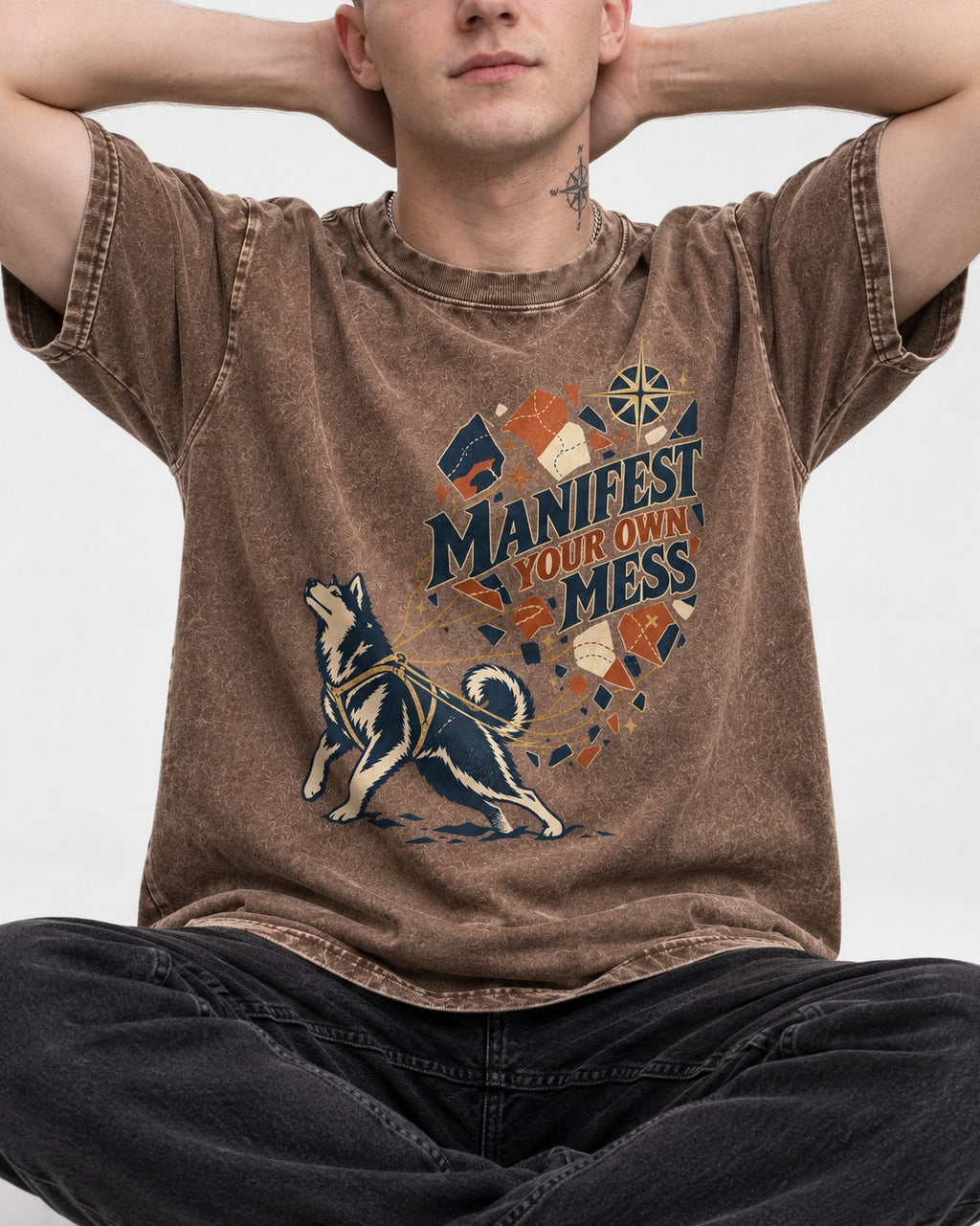 Husky Manifest Your Own Mess Washed Tee in Coffee, worn by a seated model