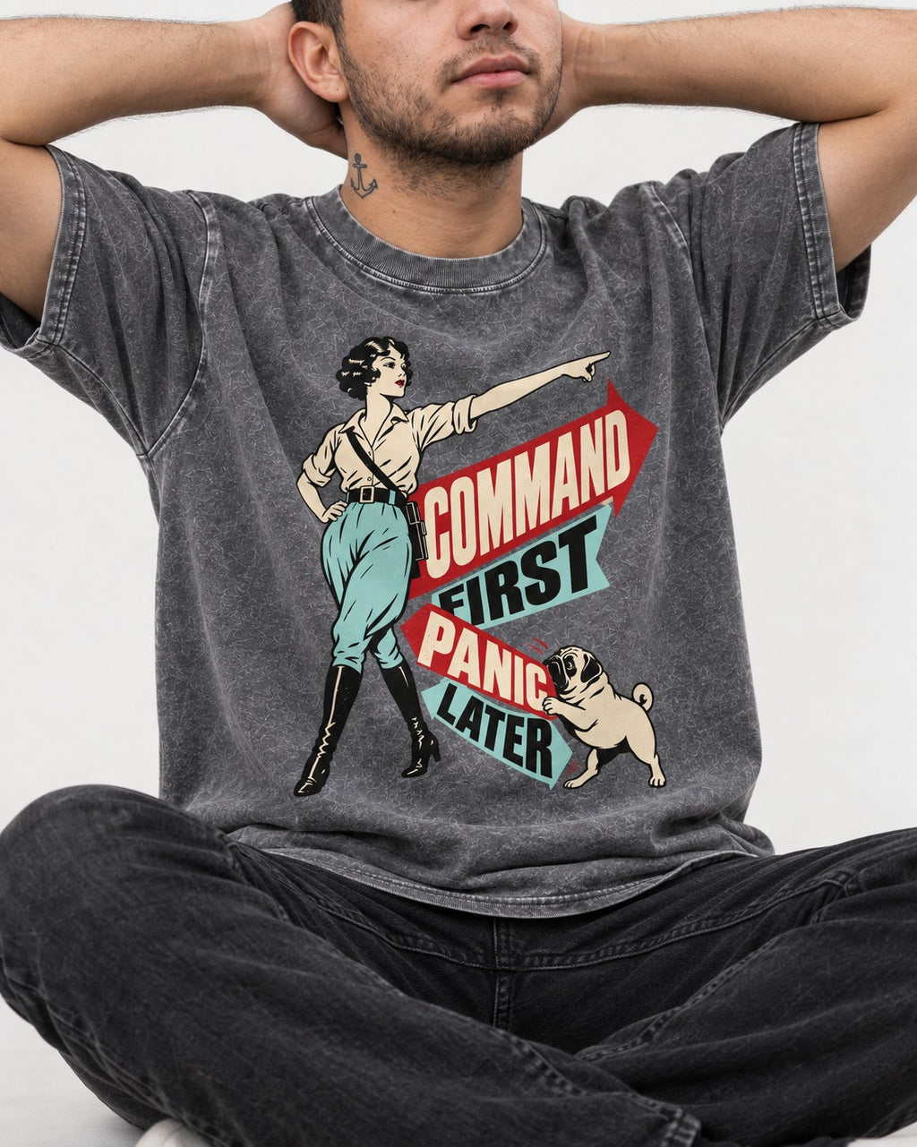 Pug Command First Panic Later Directional Graphic Washed Tee in Gray, worn by a seated model