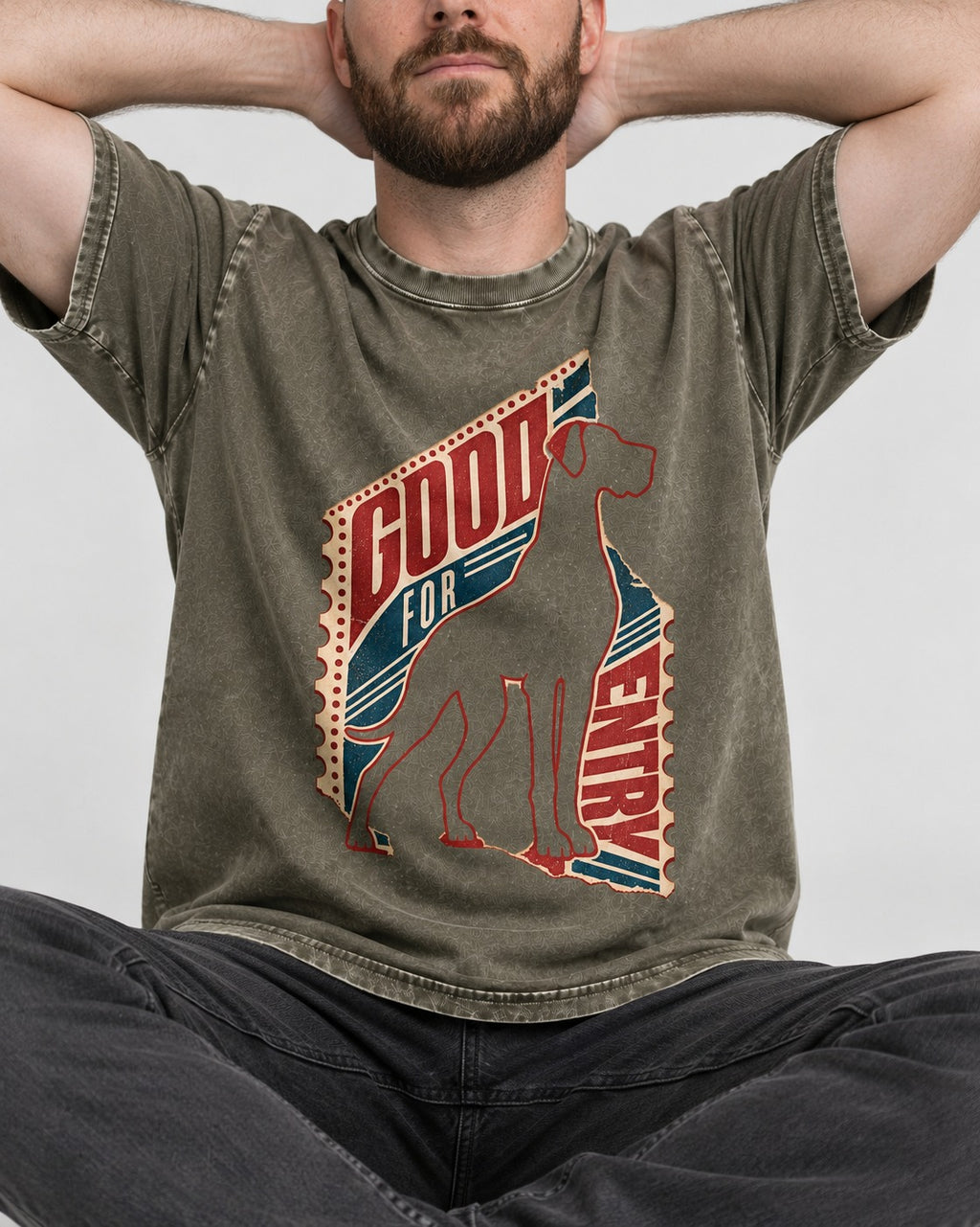 Great Dane Good for Nothing Ticket Cutout Graphic Washed Tee in Army Green, worn by a seated model