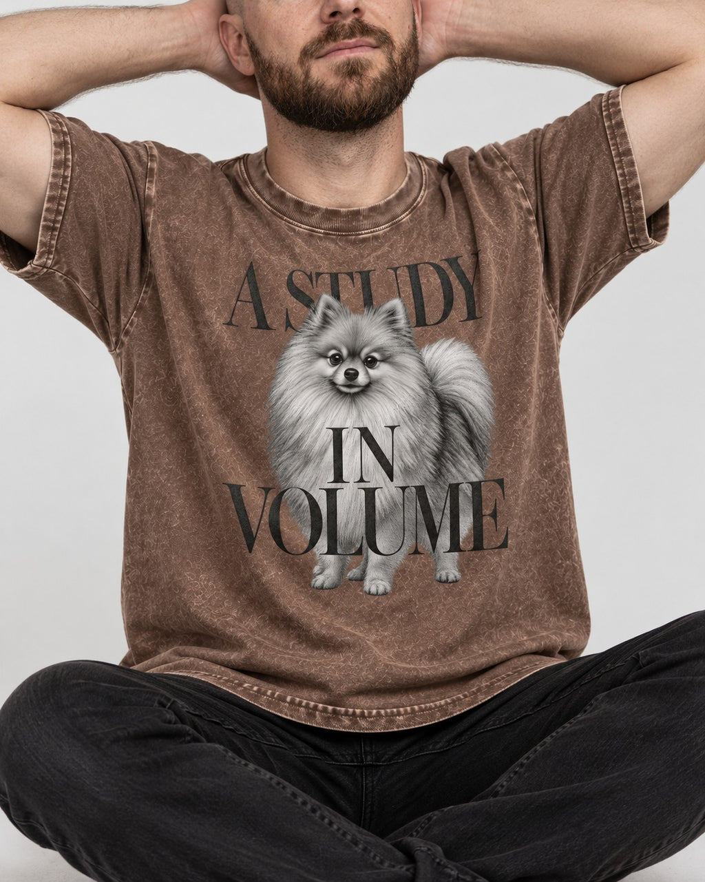 Pomeranian Study in Volume Washed Tee in Coffee, worn by a seated model