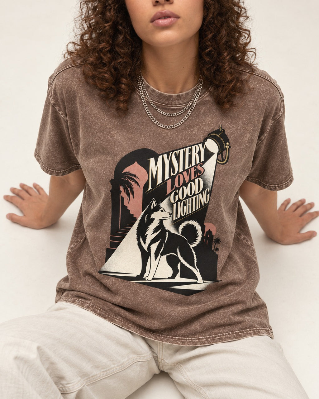Husky Loves Good Lighting Washed Tee in Coffee, worn by a seated model