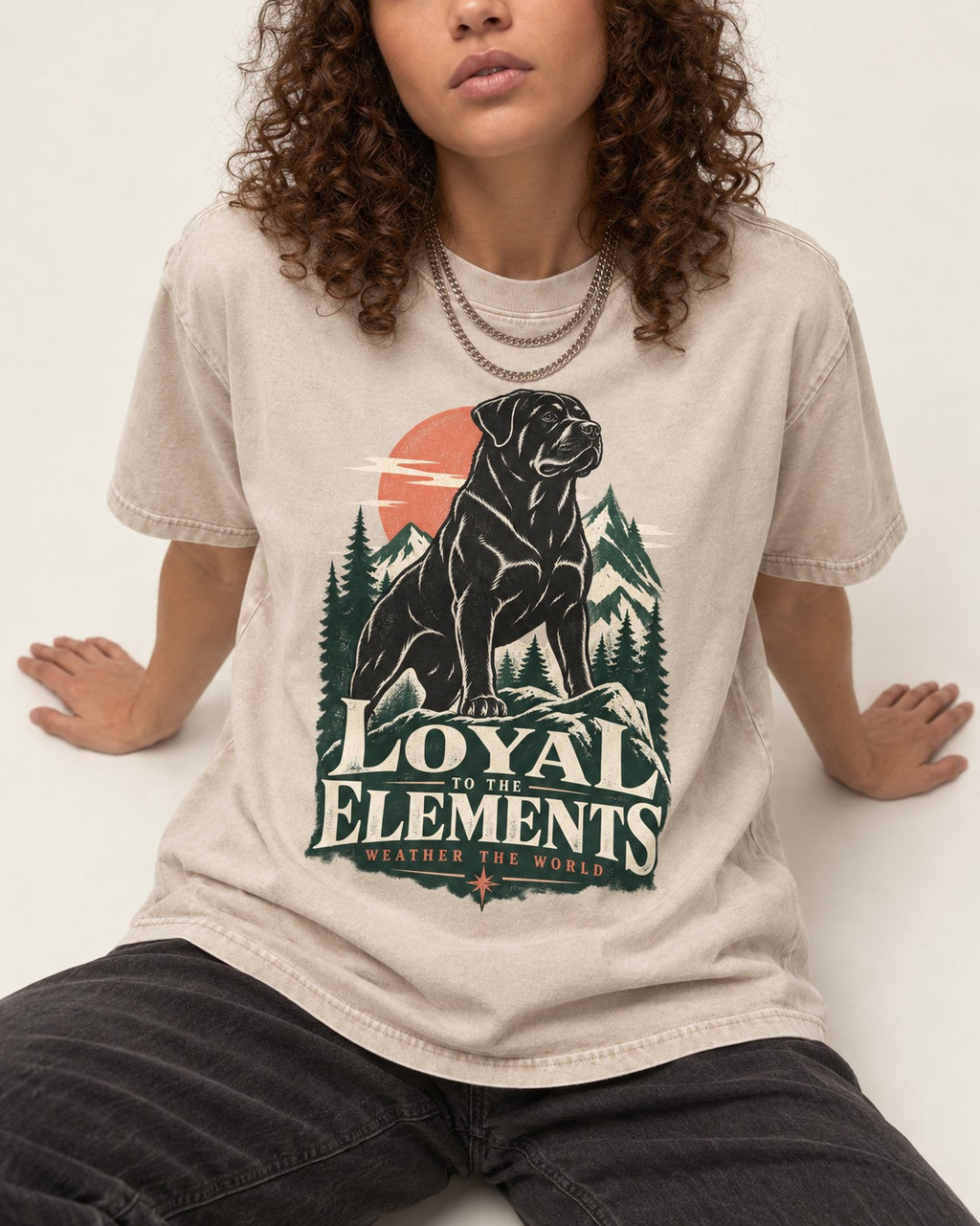 Rottweiler Loyal to the Elements Washed Tee in Apricot, worn by a seated model