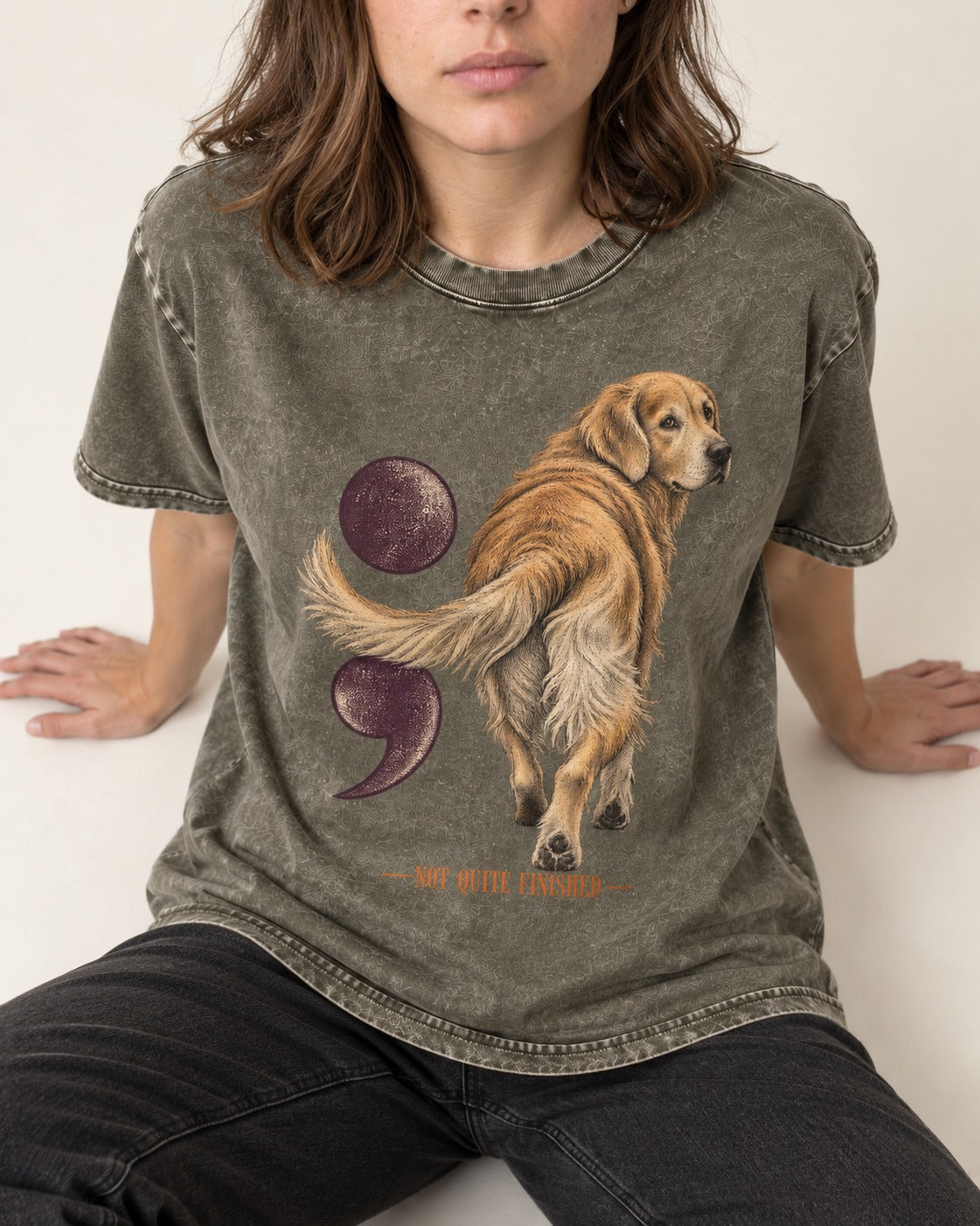 Golden Retriever Not Quite Finished Semicolon Graphic Washed Tee in Army Green, worn by a seated model
