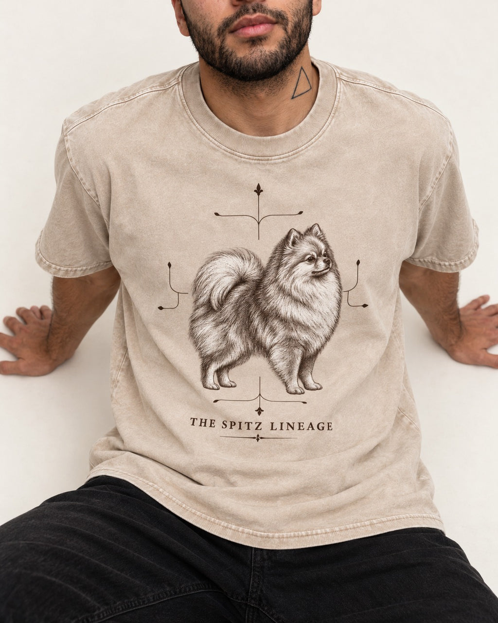 Pomeranian Spitz Lineage Washed Tee in Apricot, worn by a seated model