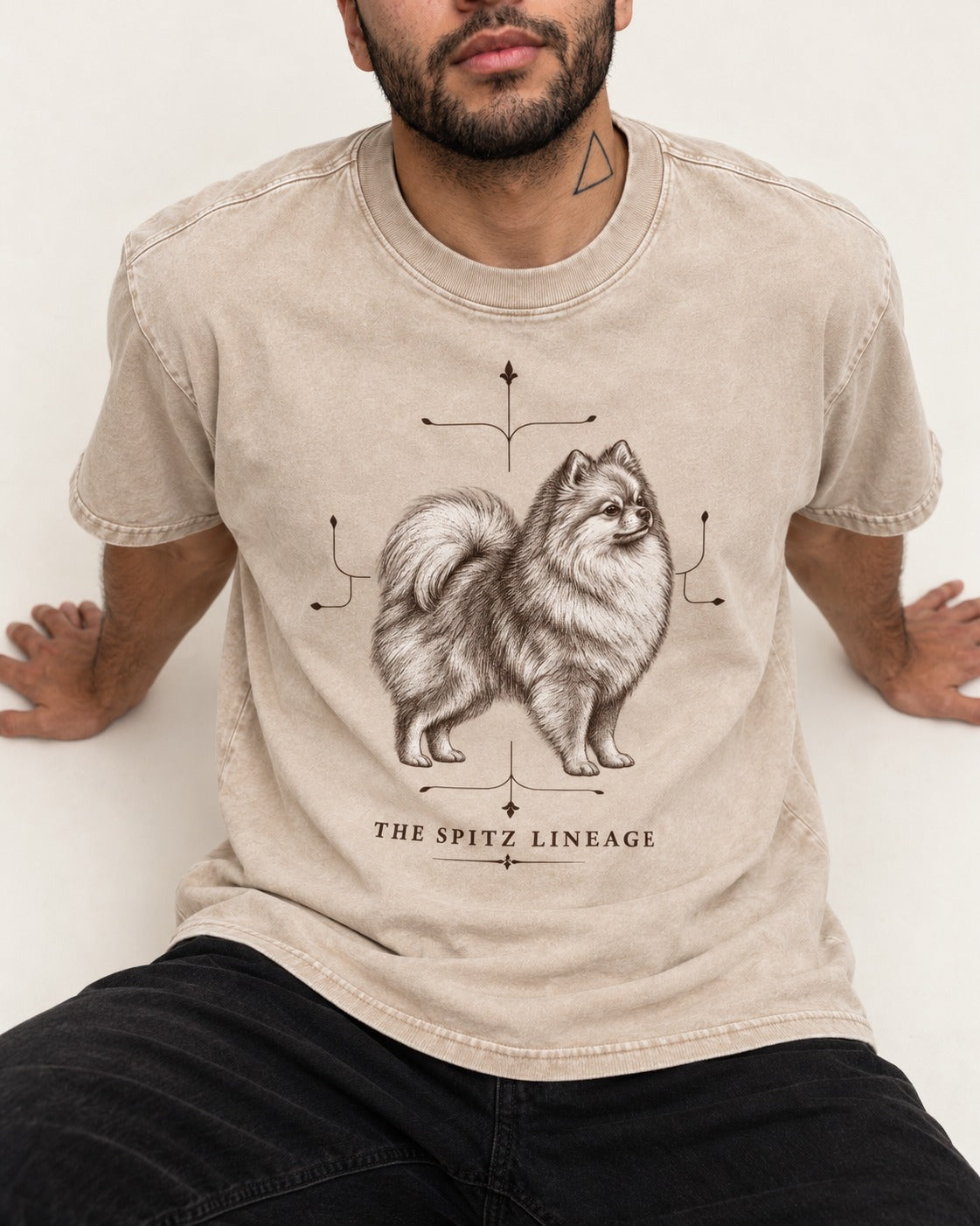 Pomeranian Spitz Lineage Washed Tee in Apricot, worn by a seated model