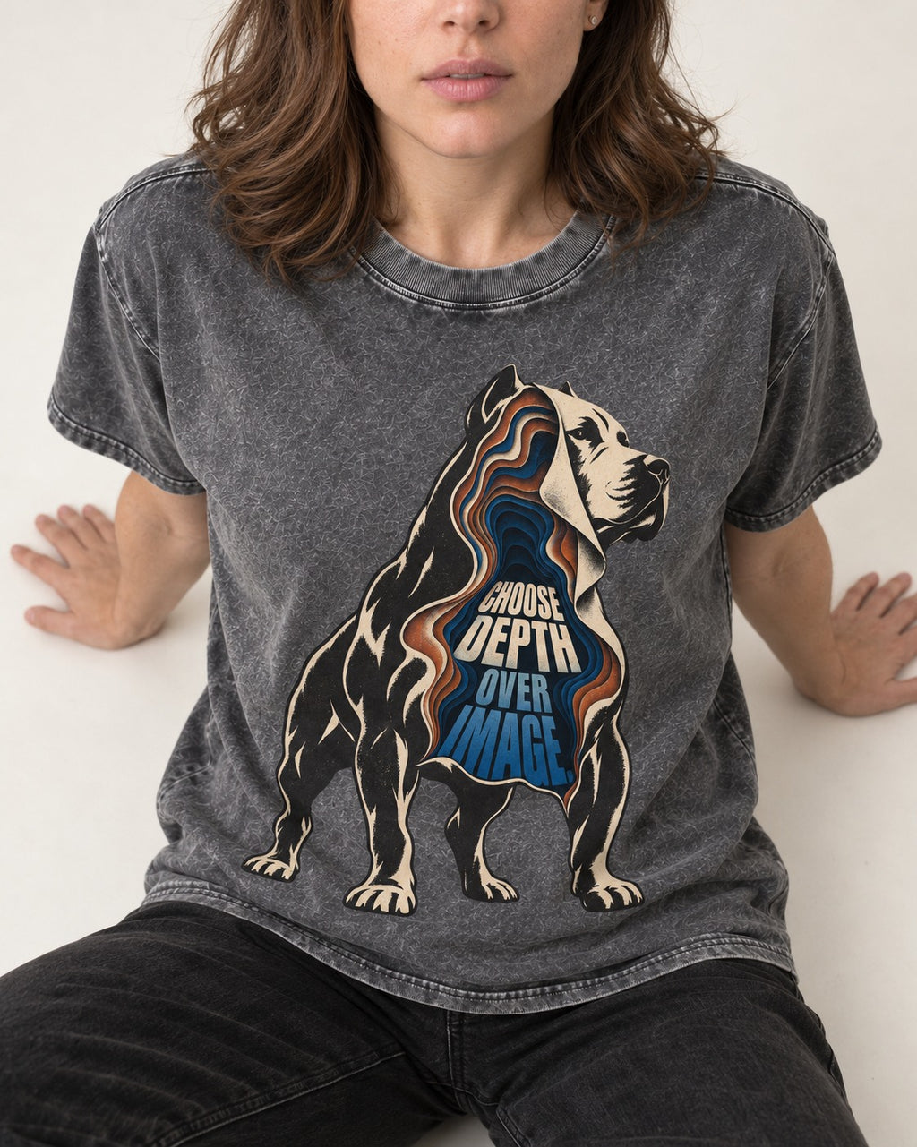 Pitbull Choose Depth Over Image Layered Cutaway Graphic Washed Tee in Gray, worn by a seated model