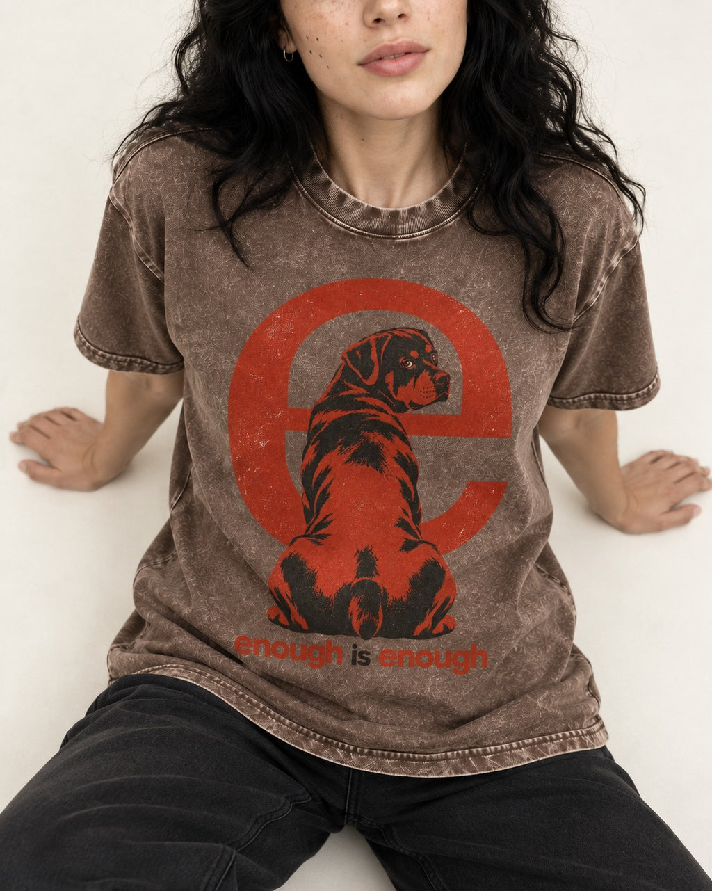 Rottweiler Enough Is Enough Washed Tee in Coffee, worn by a seated model