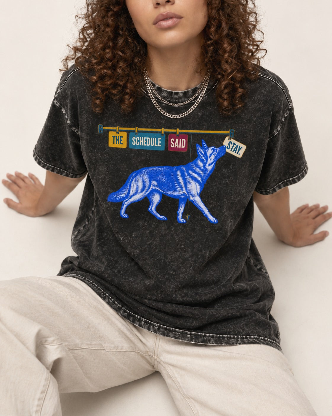 German Shepherd Dog The Schedule Said Stay Graphic Washed Tee in Black, worn by a seated model