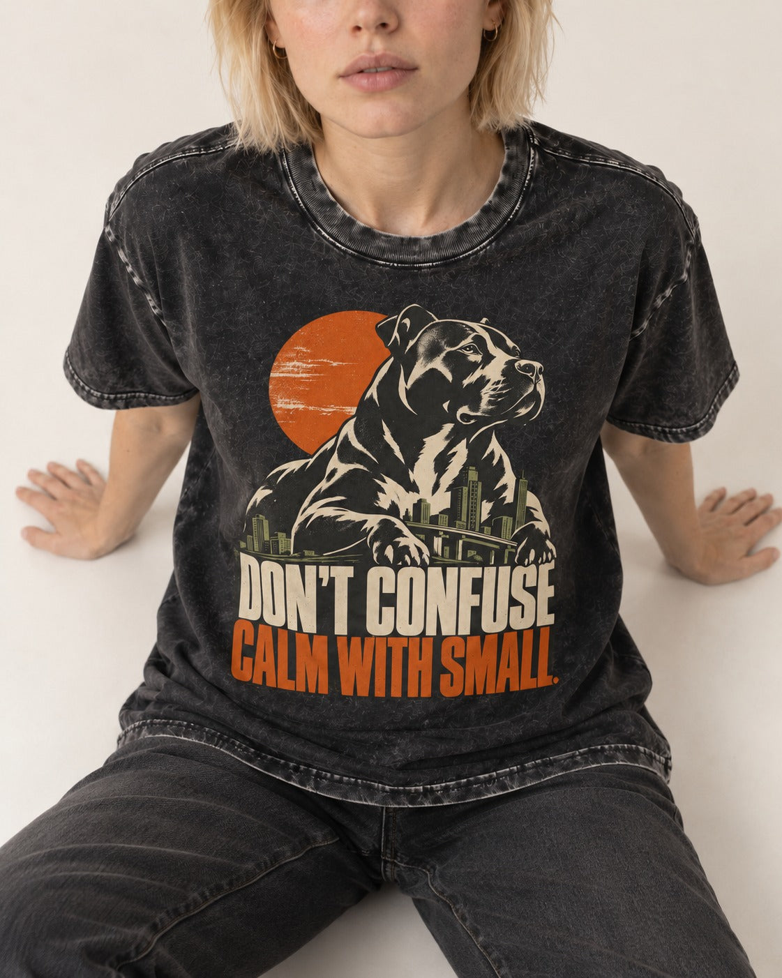 Pitbull Don't Confuse Calm with Small City Guardian Graphic Washed Tee in Black, worn by a seated model