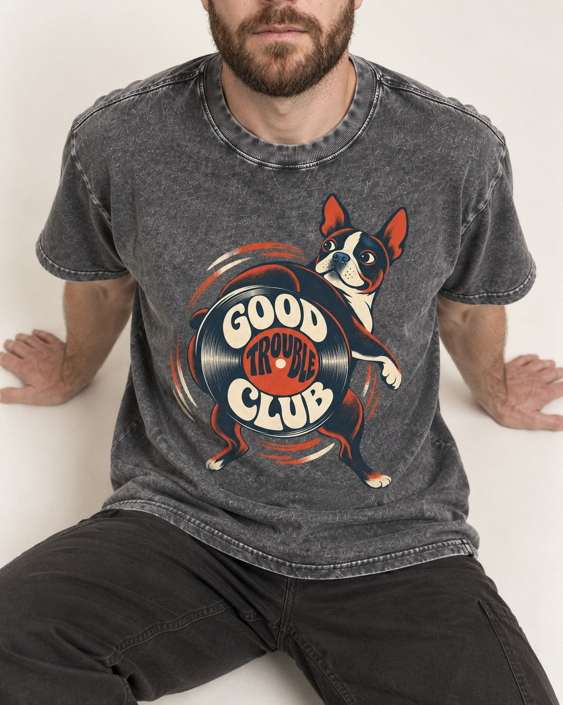 Good Trouble Club Boston Terrier Washed Tee in Gray, worn by a seated model