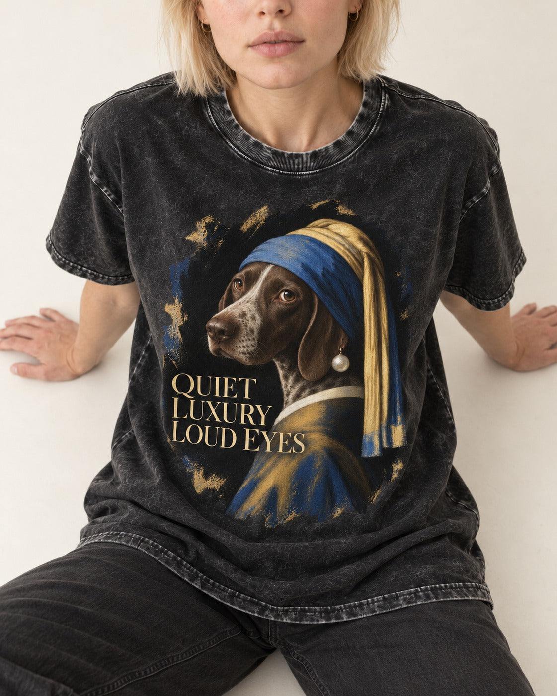 German Shorthaired Pointer Quiet Luxury Loud Eyes Pearl Earring Portrait Graphic Washed Tee in Black, worn by a seated model