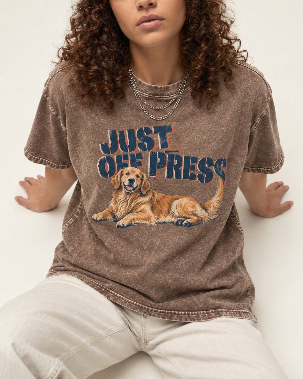 Golden Retriever Just Off Press Washed Tee in Coffee, worn by a seated model