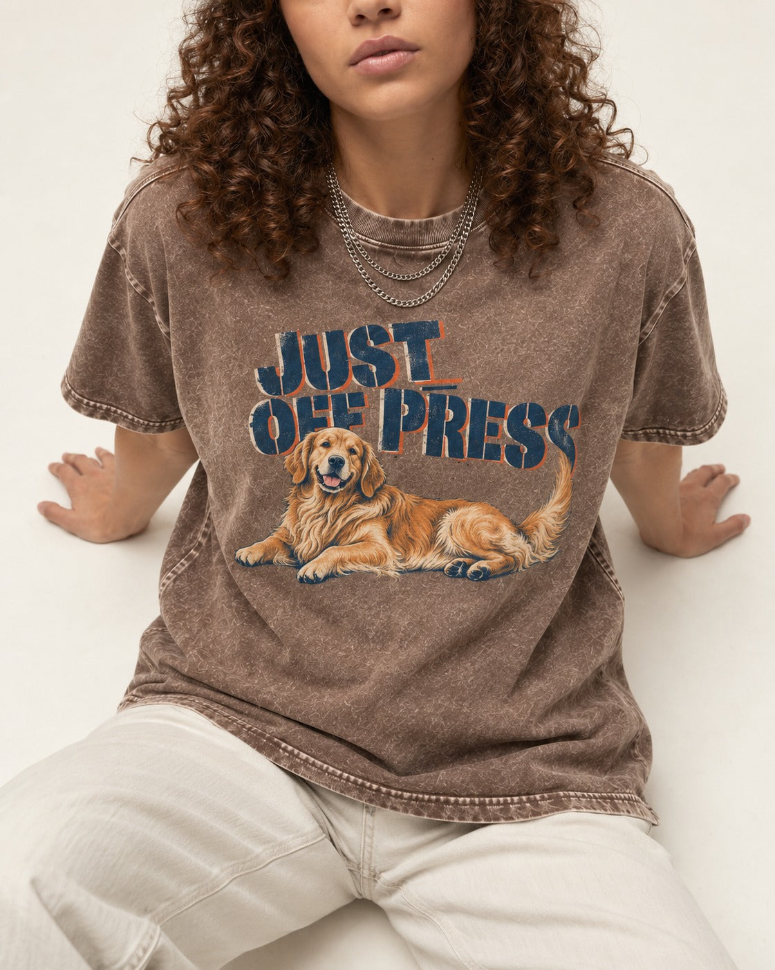 Golden Retriever Just Off Press Washed Tee in Coffee, worn by a seated model