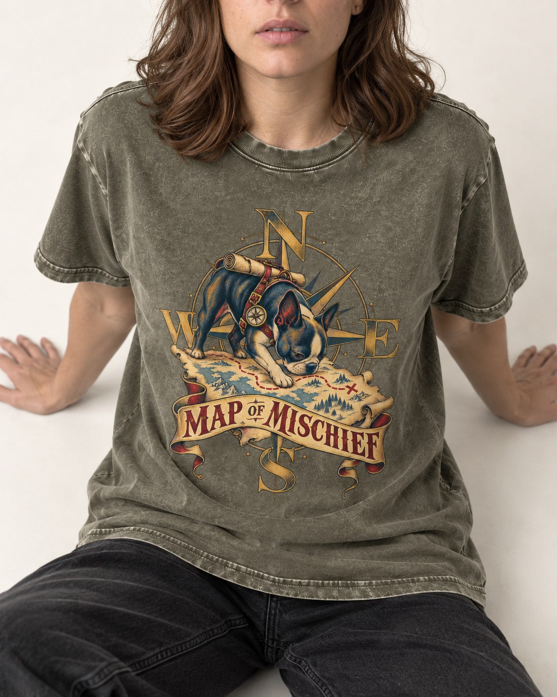 Map of Mischief Boston Terrier Washed Tee in Army Green, worn by a seated model