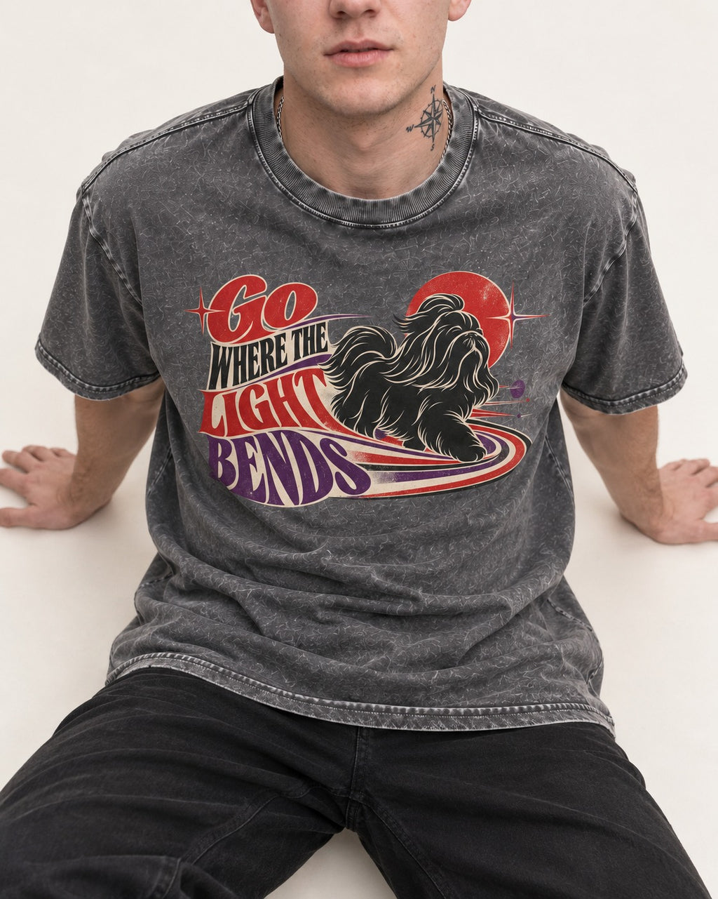 Shih Tzu Go Where the Light Bends Cosmic Orbit Graphic Washed Tee in Gray, worn by a seated model