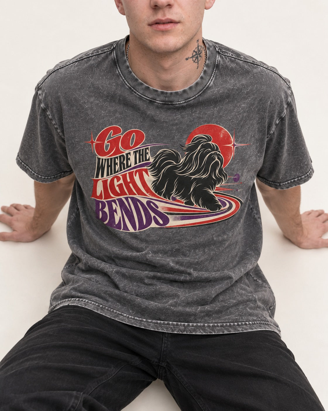 Shih Tzu Go Where the Light Bends Cosmic Orbit Graphic Washed Tee in Gray, worn by a seated model